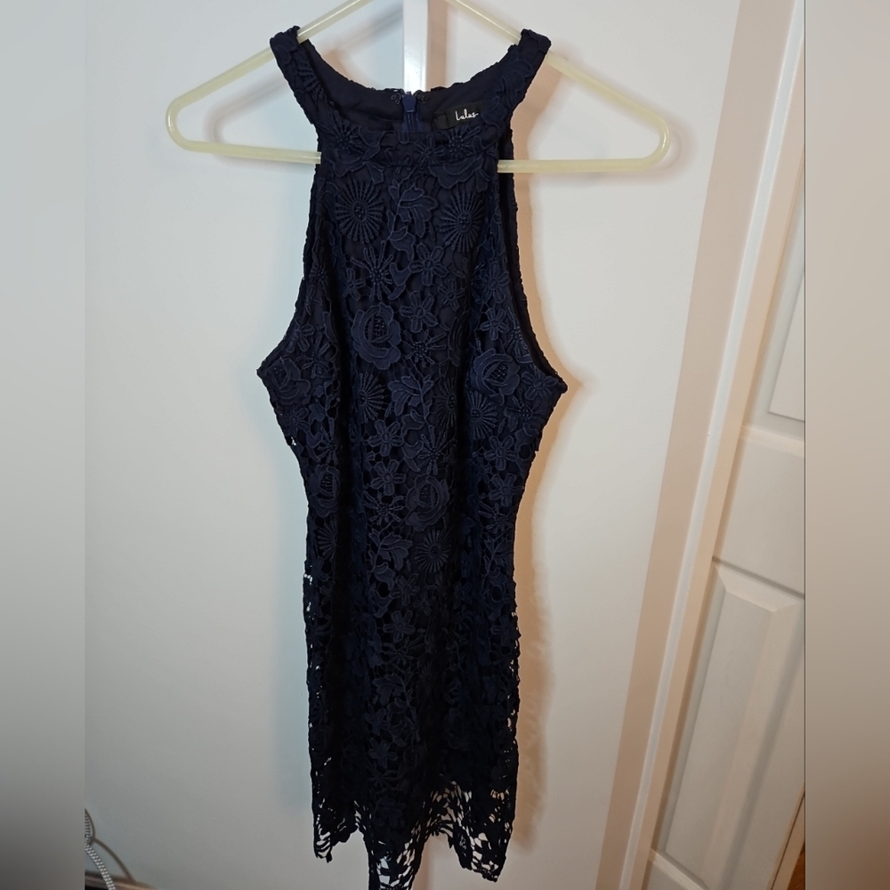 Lulus Love Poem Navy Blue Lace Halter Mini Dress - Size Large